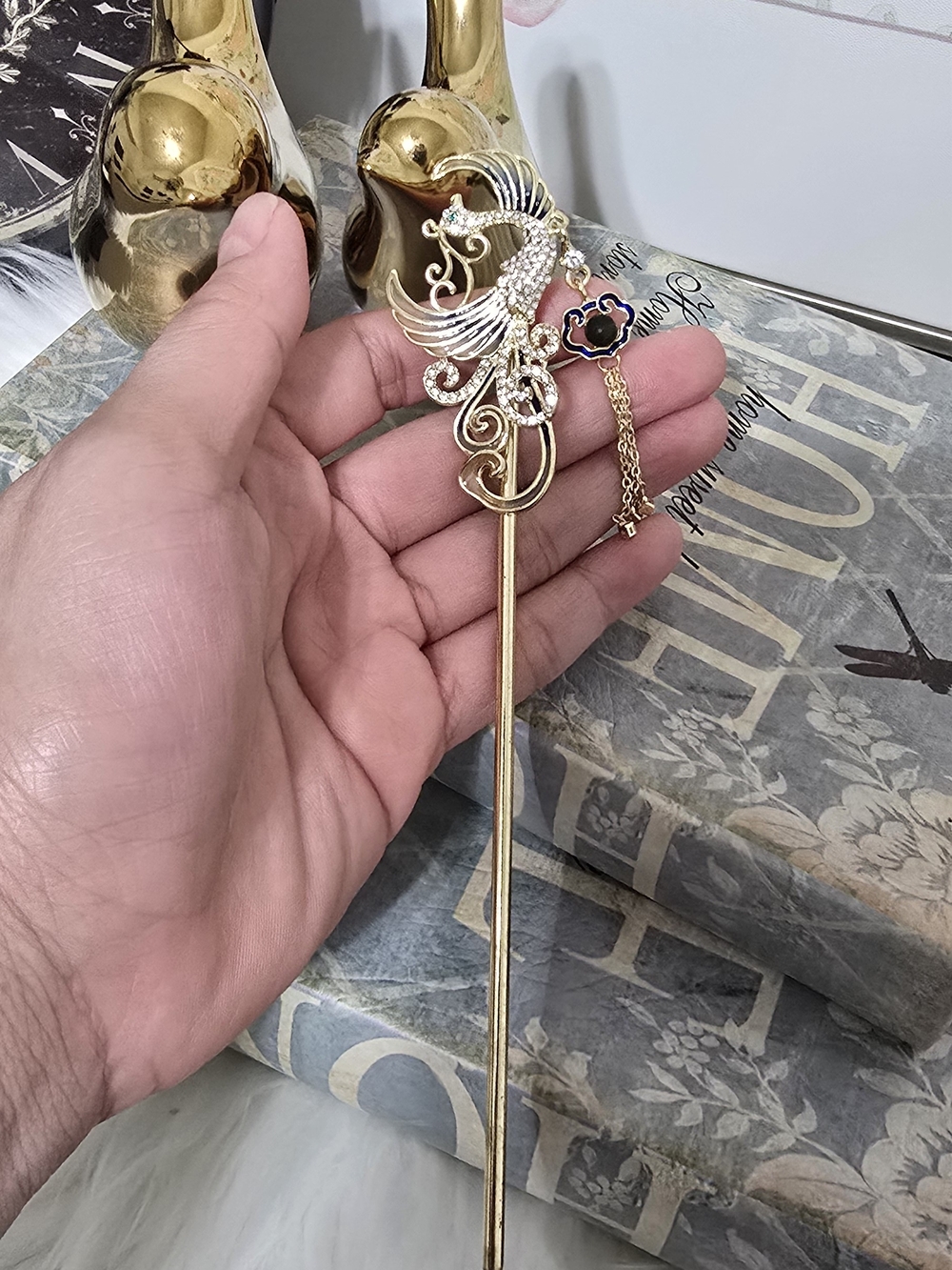 Natural Amber Gold Phoenix Hair Stick with Crystal Accents